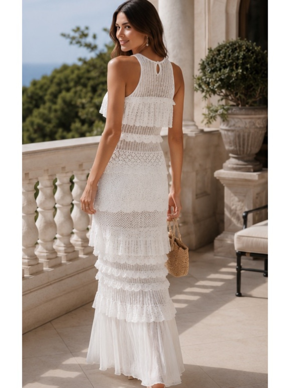 NWT STAUD Sorrento Crochet Knit Tiered Maxi Dress in White Sz L - Picture 4 of 17